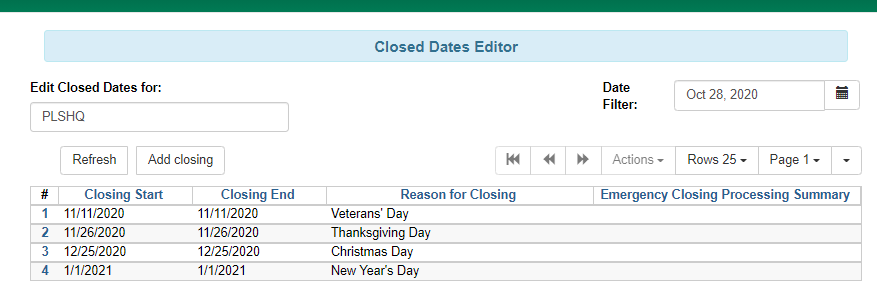 Screenshot of "Closed Dates Editor"