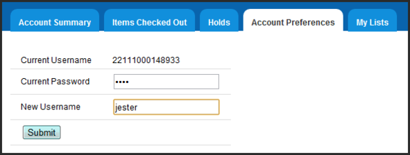 Opac MyAccount AccountPreferences PersonalInformation Username Enter-Submit.png Opac MyAccount AccountPreferences PersonalInformation Username Enter-Submit.png